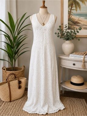 Lily Pulitzer XL White Textured Cotton Blend Maxi Dress Sleeveless Resort Boho